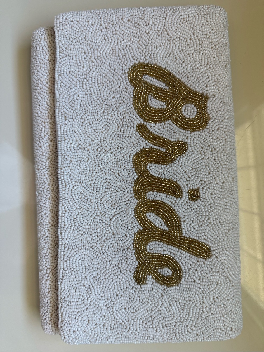 Bride White and Gold Beaded 'Bride' Clutch - Bridal wedding envelope & magnetic
